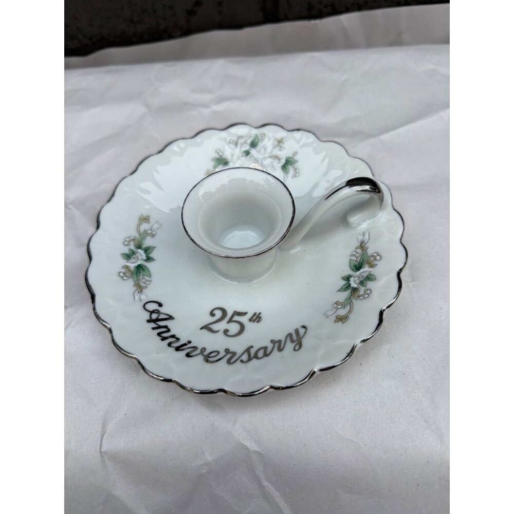 Vintage Lefton China 25th Anniversary White Chamber Candle Stick Holder 1097